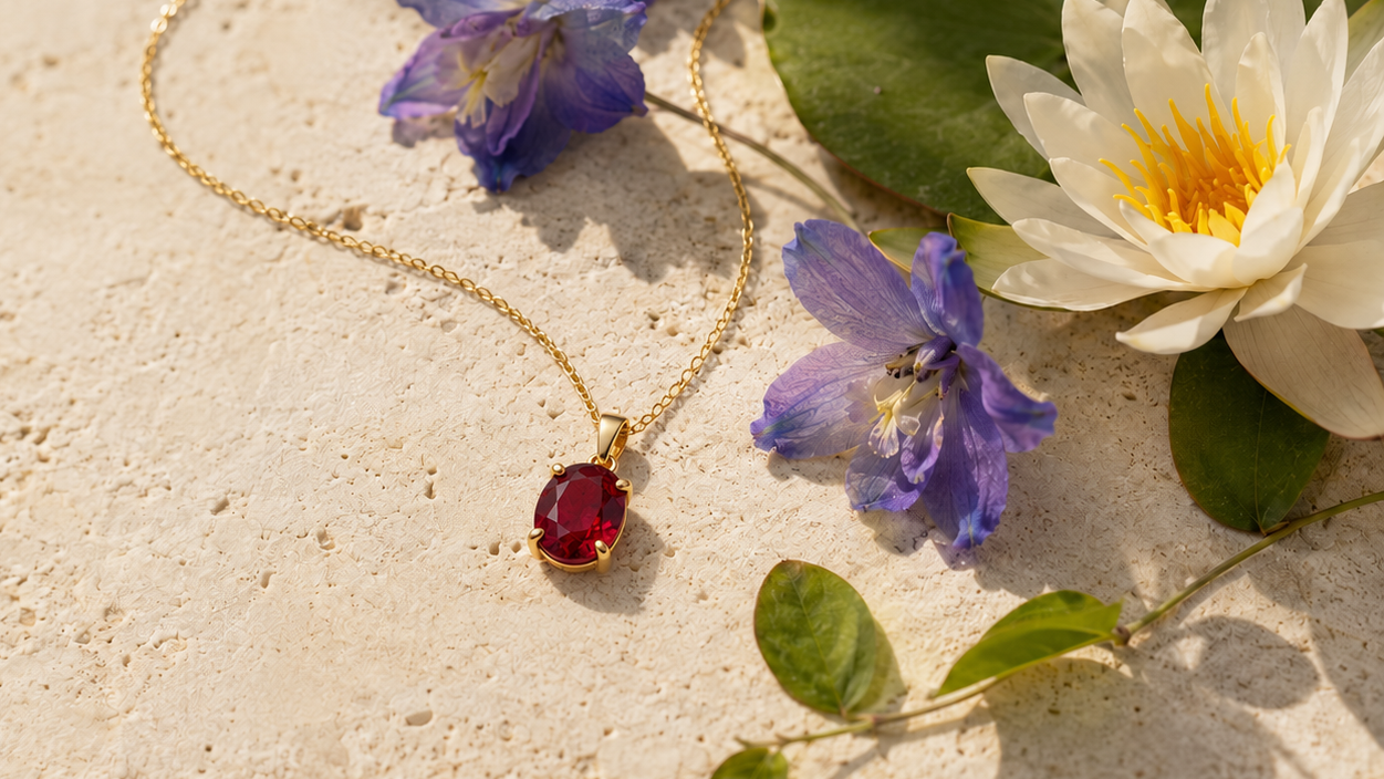 Ruby birthstone necklace with larkspur and water lily flowers Selenichast