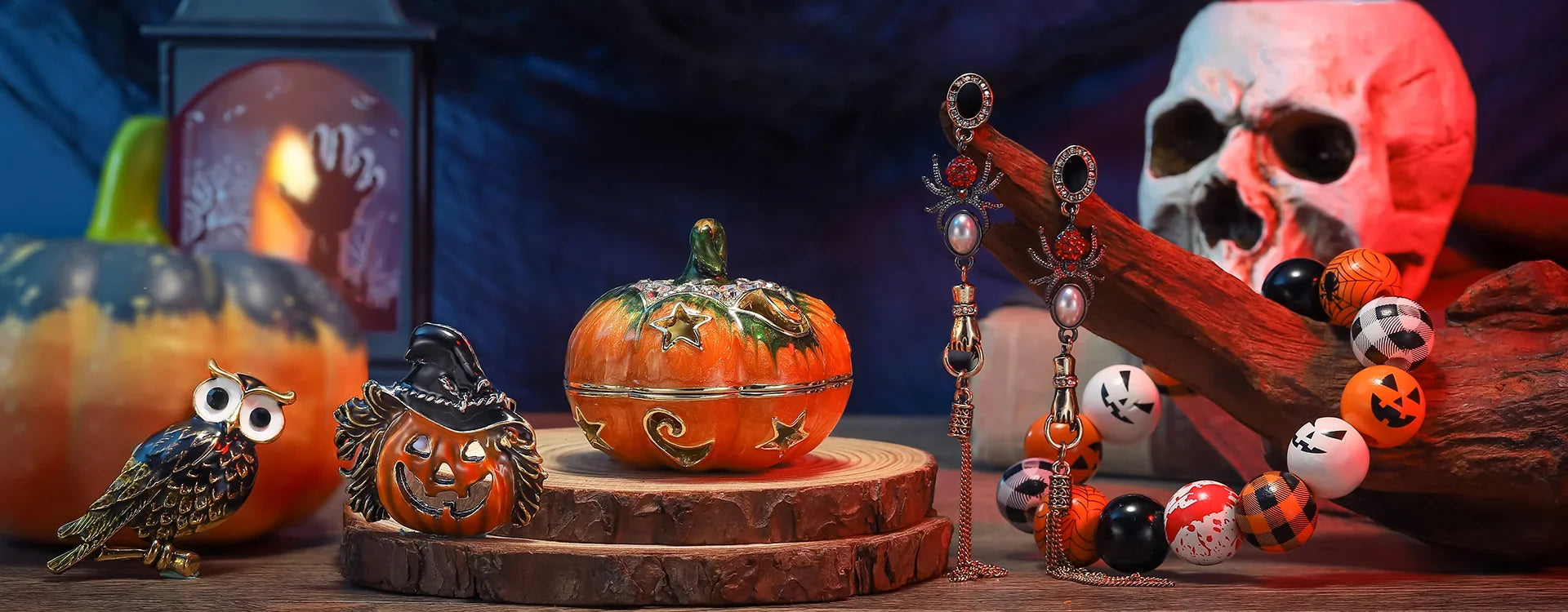 Halloween jewelry ideas with black cat earrings pumpkin necklace and tarot jewelry