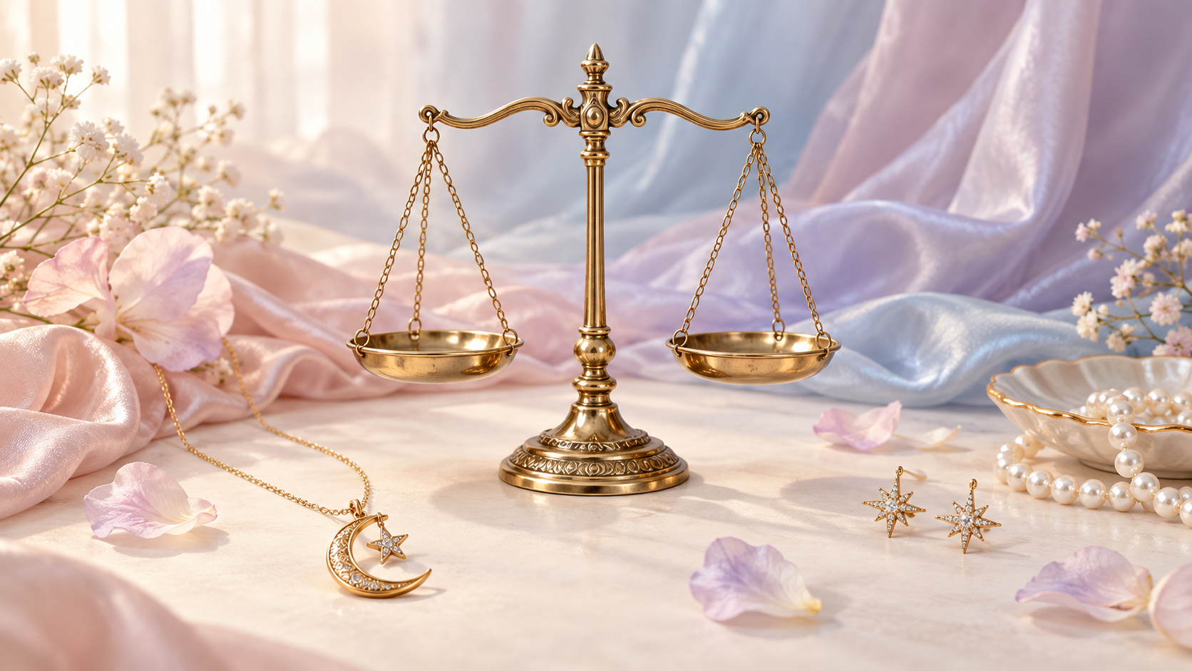 Golden Libra Scales with moon-and-star jewelry on blush, blue, and lavender silk