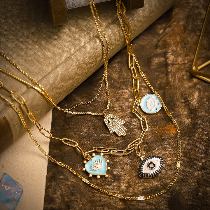 Evil Eyed Heart Gold Chain Necklace