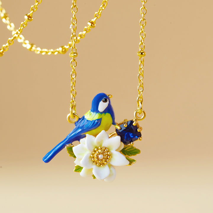 Blue Tit Gem Gold Pendant Necklace