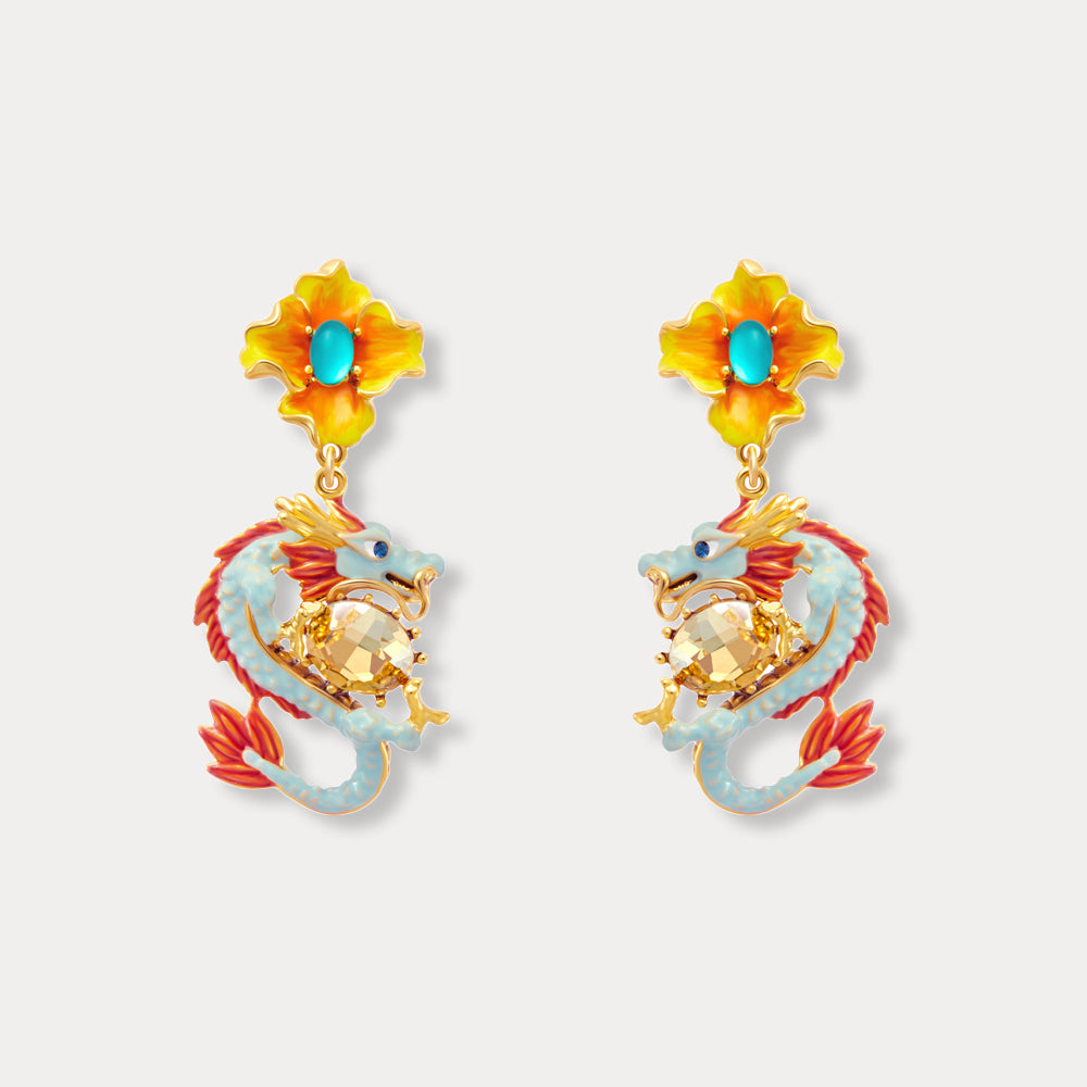 Zodiac Dragon Wintersweet Enamel Earrings
