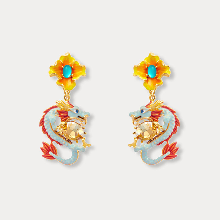 Zodiac Dragon Wintersweet Enamel Earrings
