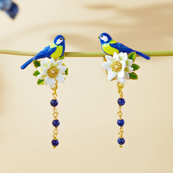 Enamel Blue Tit Drop Beads Earrings