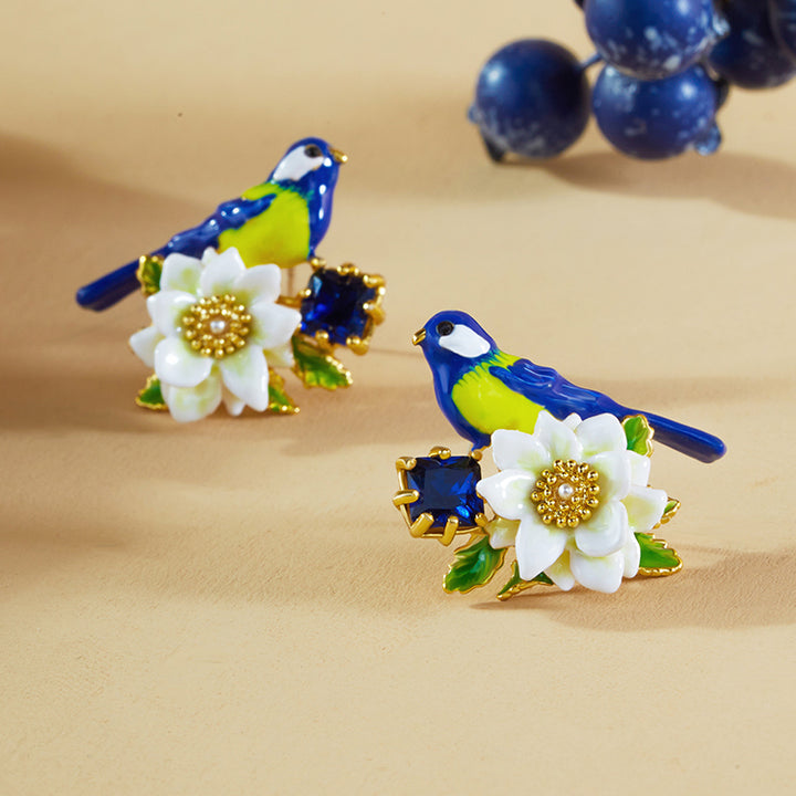 Blue Tit Gemstone Gold  Stud Earrings