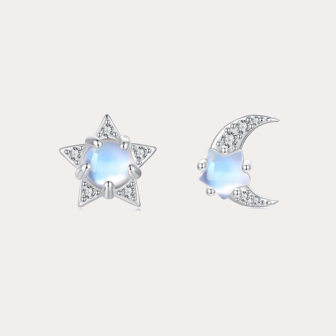 Selenichast Silver Moonstone Star & Moon Stud Earrings