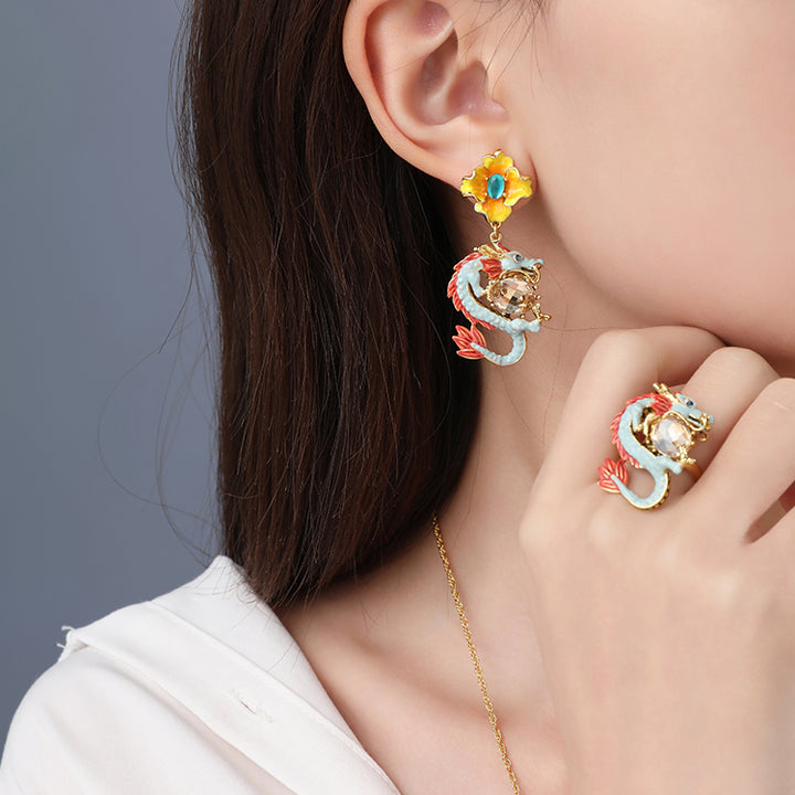 Zodiac Dragon Wintersweet Earrings and Ring
