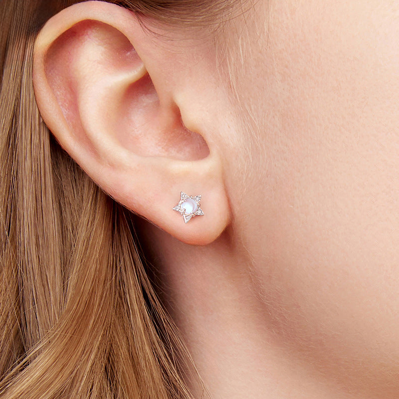 Silver Moonstone Star & Moon Stud Earrings