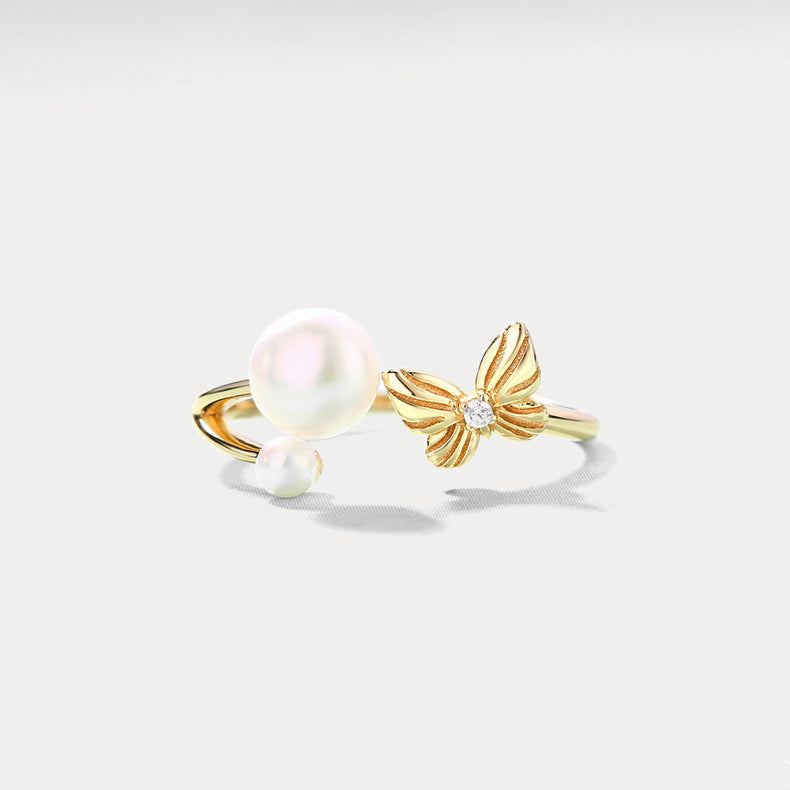 Dream Catching Butterfly Pearl Gold Open Ring