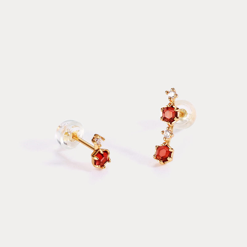 Asymmetric Garnet Gold Earrings