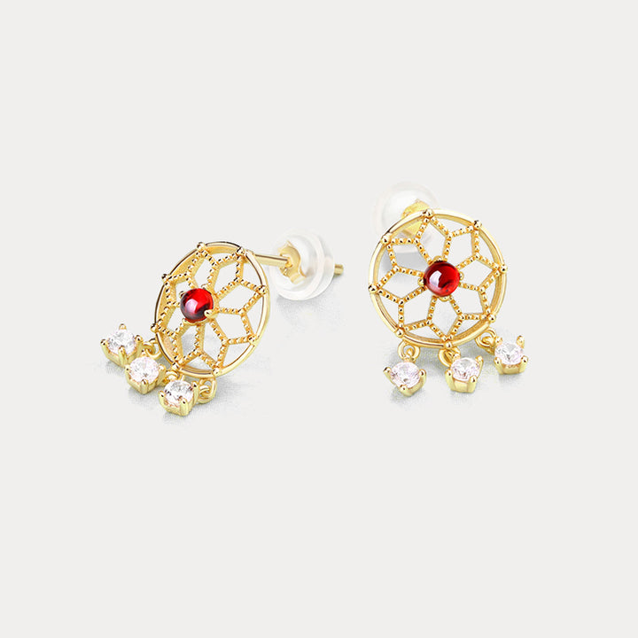 Dream Catcher Gold Garnet Earrings