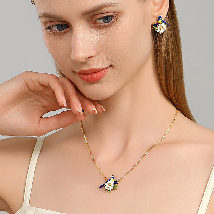 Blue Tit Gem Stud Earrings and Necklace