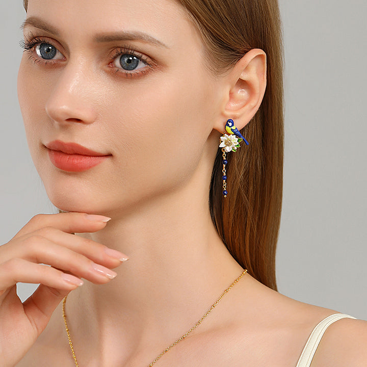 Blue Bird White Flower Earrings