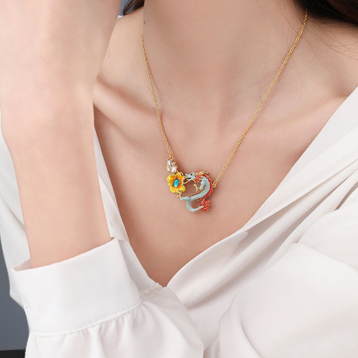 Chinese Zodiac Dragon Wintersweet Pendant Necklace