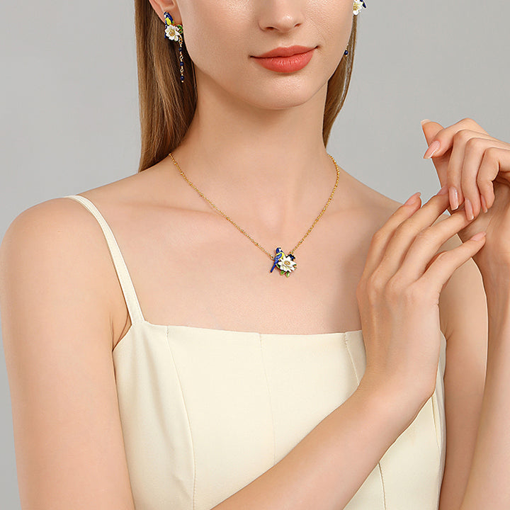 Blue Tit Gem Necklace and Earrings
