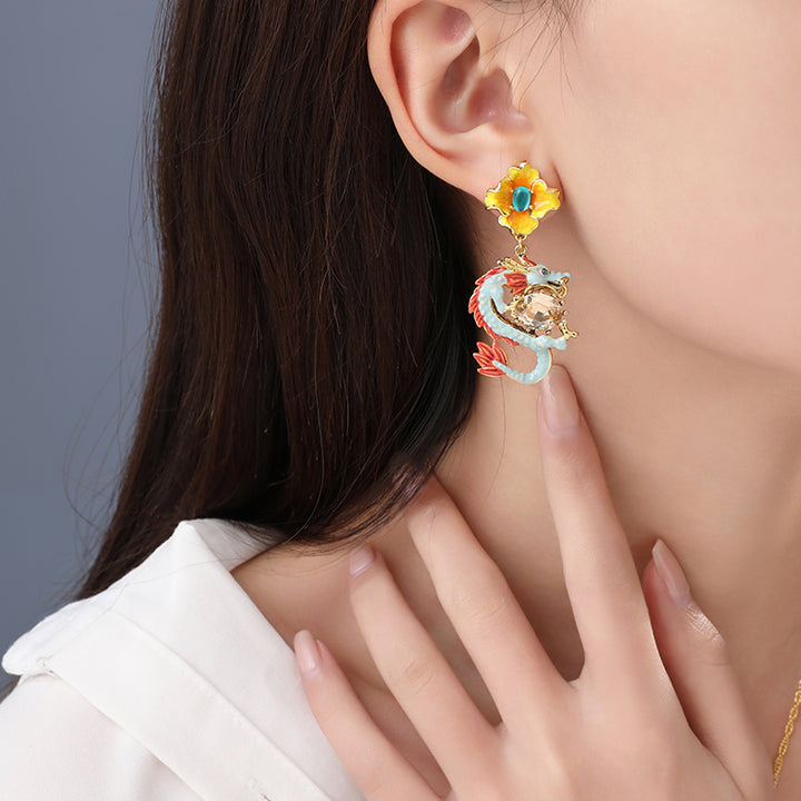 Gold Zodiac Dragon Wintersweet Earrings