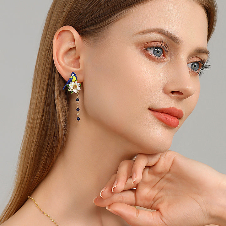 Blue Bird White Flower Dainty Dangling Earrings