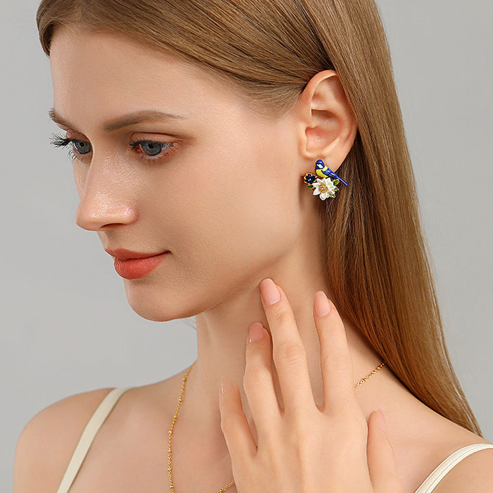 Blue Tit White Flower Gem Stud Earrings