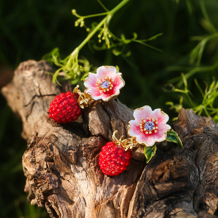 Raspberry Enamel Earrings Gold