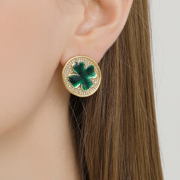 Four leaf Clover Coin Stud Gold Earrings