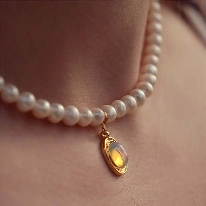 Moonstone Pearl Brass Necklace