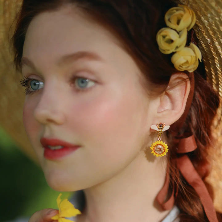 Gold Sunflower & Bee Earrings