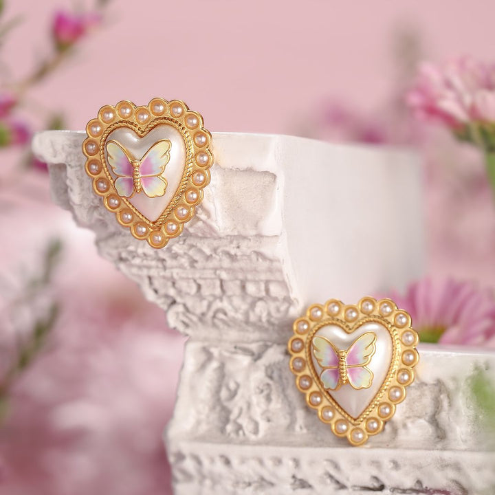 Pink Butterfly Heart Stud Earrings