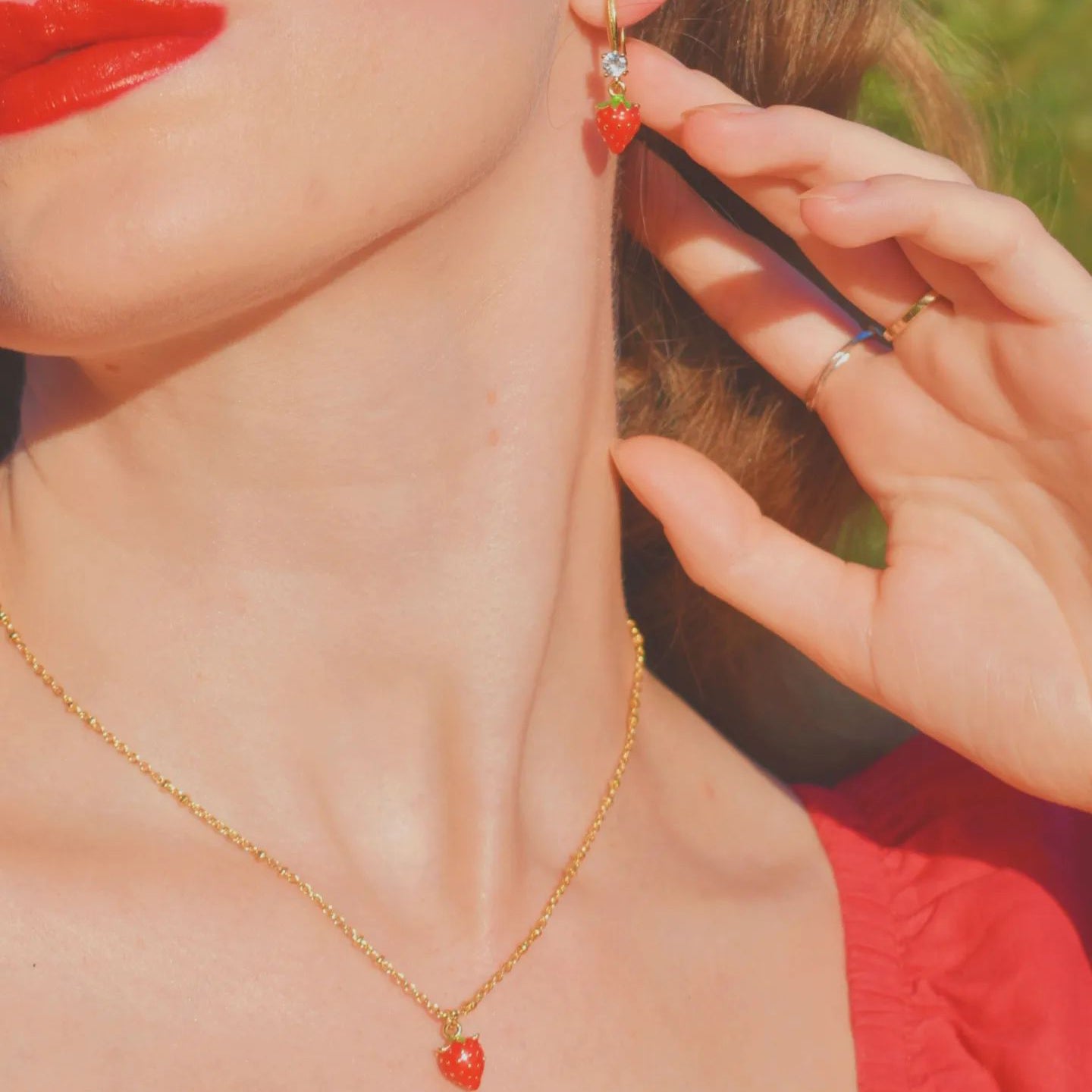 Vintage Strawberry Enamel Necklace