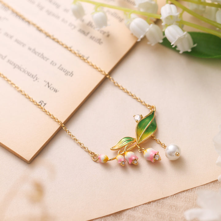 Enamel Gold Lily Of The Valley Pearl Necklace
