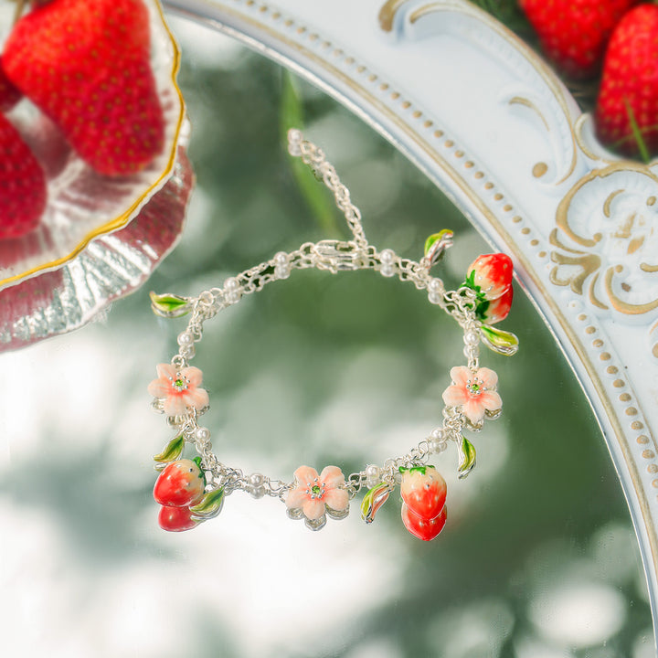 Strawberry Enamel Flower Silver Bracelet