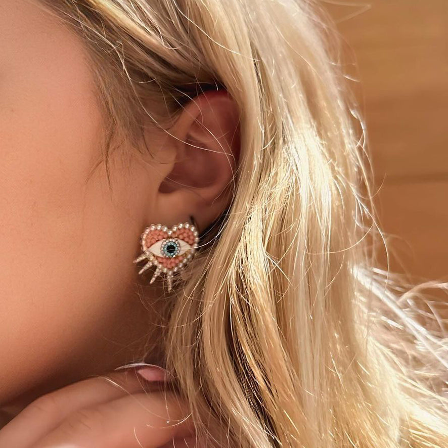 Pink Heart Sun Sparkly Diamond Evil Eye Earrings