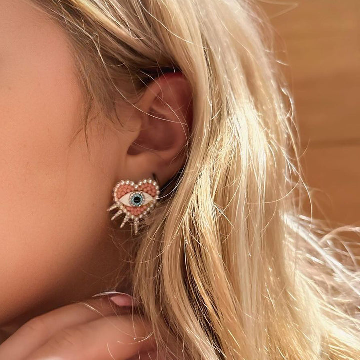 Pink Heart Sun Sparkly Diamond Evil Eye Earrings