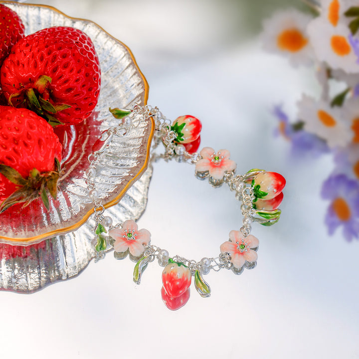 Strawberry Enamel Flower Silver Bracelet