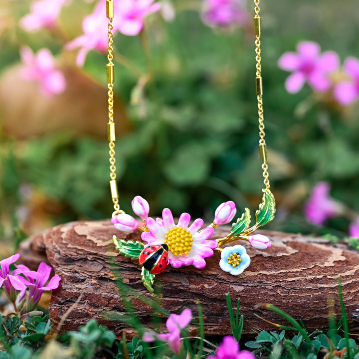 Gold Dainty Daisy Ladybug Necklace