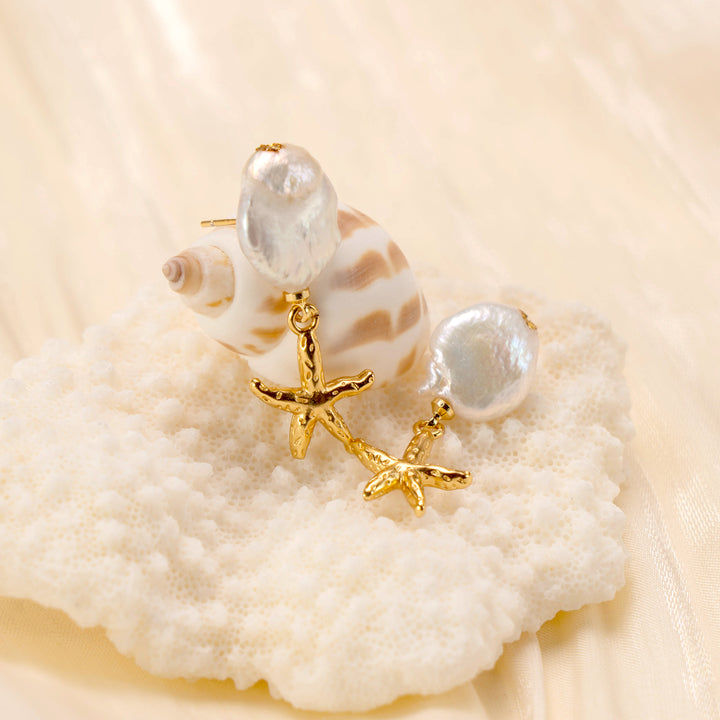 Gold Starfish Pearl Earrings