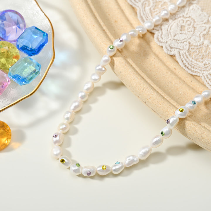 Selenichast Rainbow Rhinestone Baroque Pearl Necklace