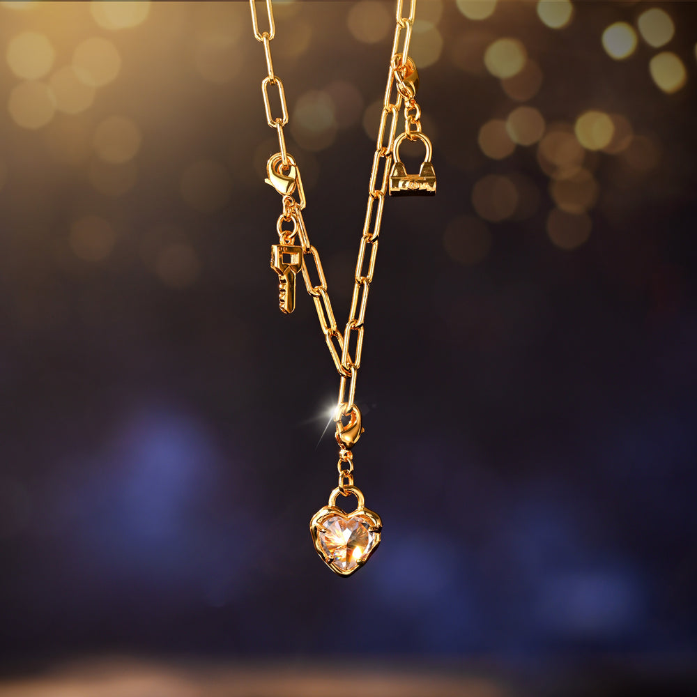 Gold Heart Lock and Key Pendant Necklace