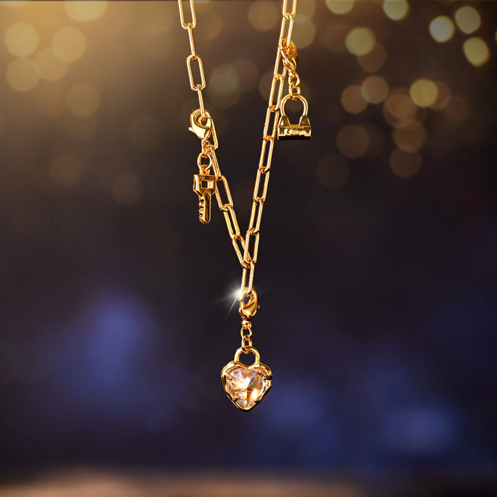 Gold Heart Lock and Key Pendant Necklace
