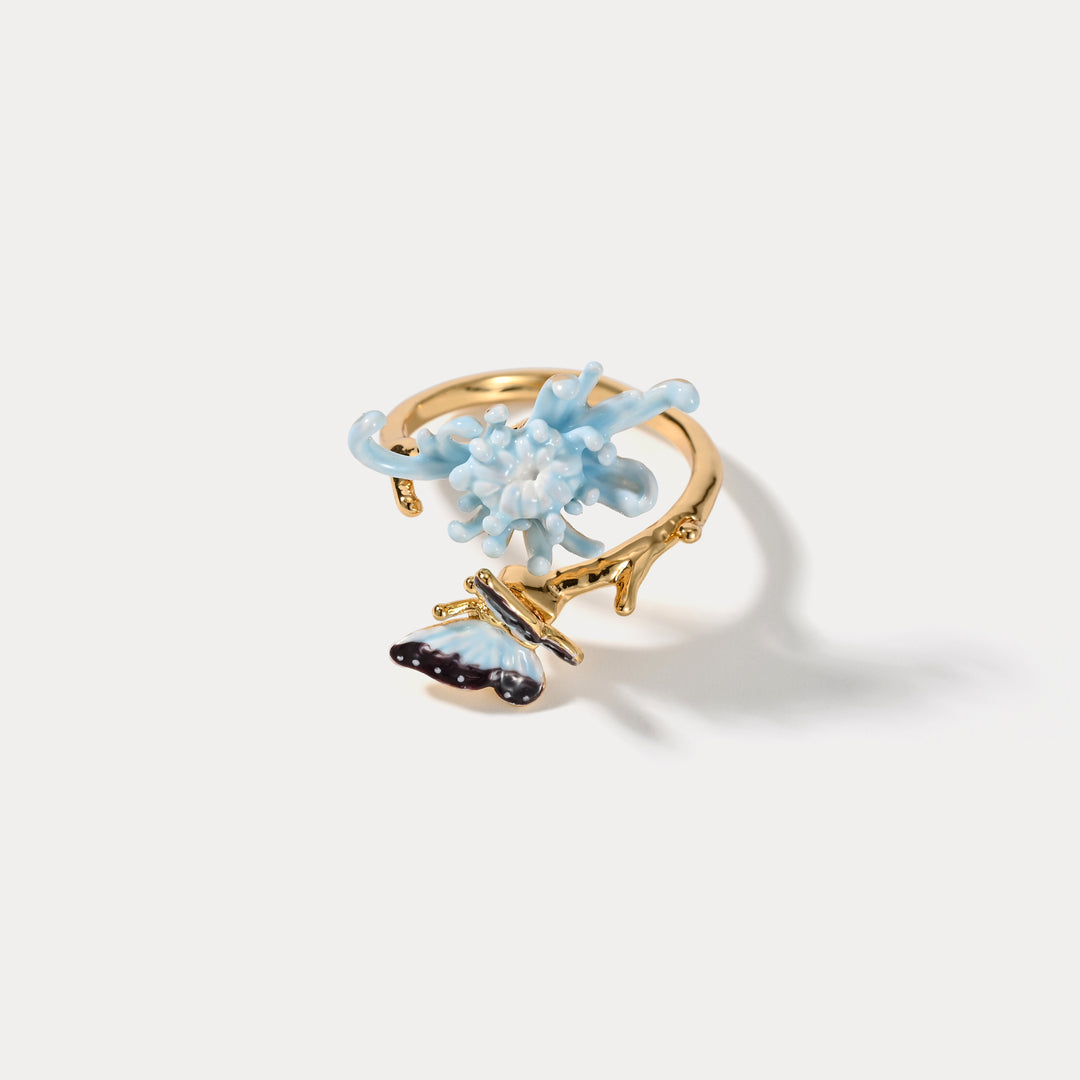Selenichast Blue Daisy Butterfly Ring