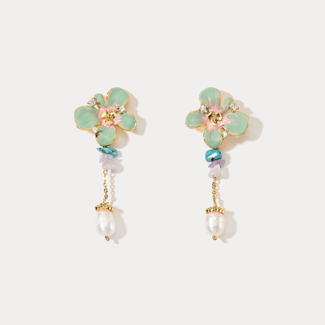 Selenichast Oil Painting Flower Pearl Earrings