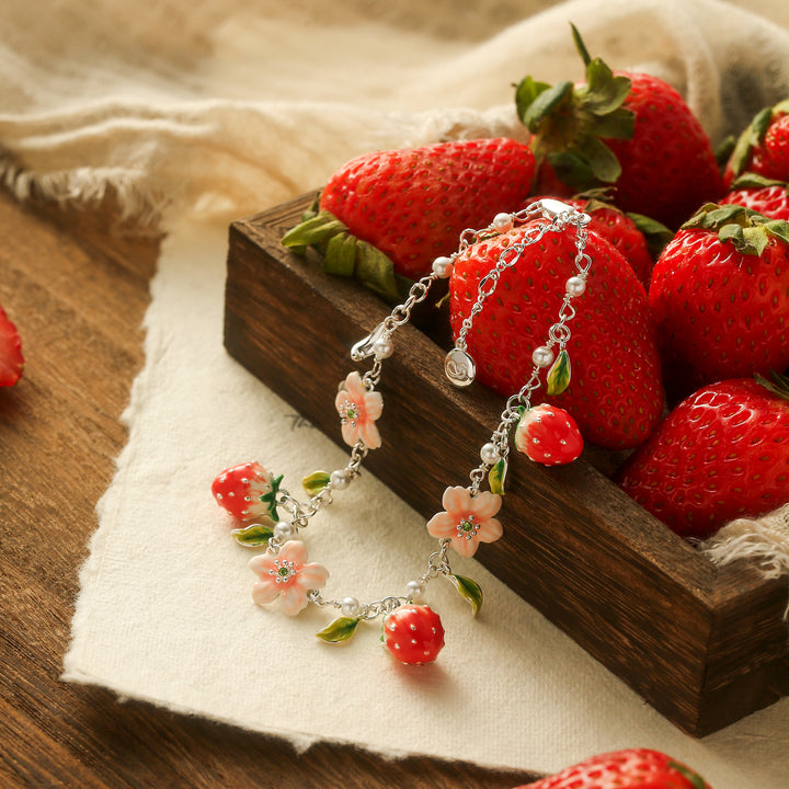 Strawberry Enamel Flower Silver Bracelet