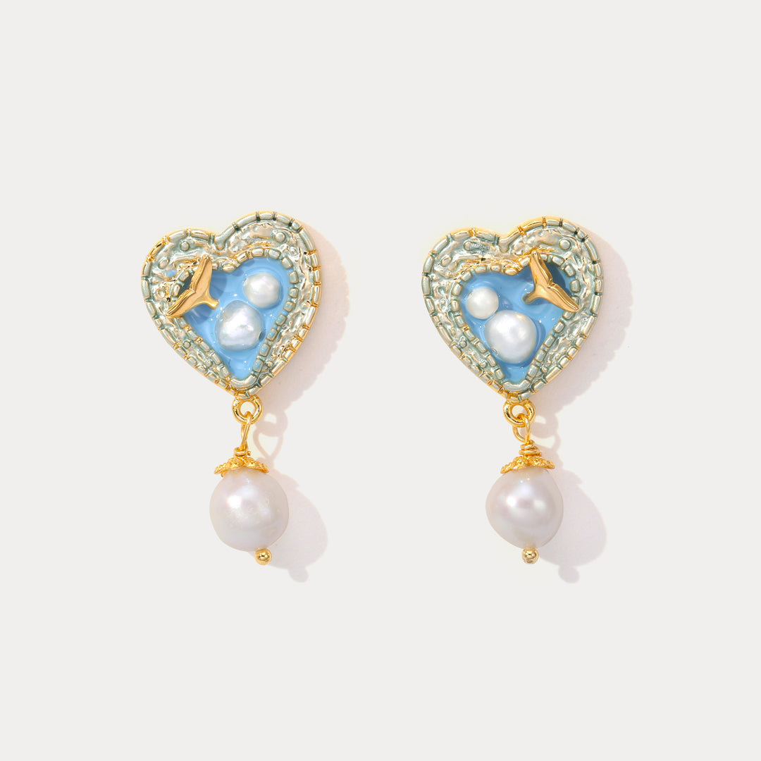 Selenichast Mermaid Tail Heart Earrings with Pearl