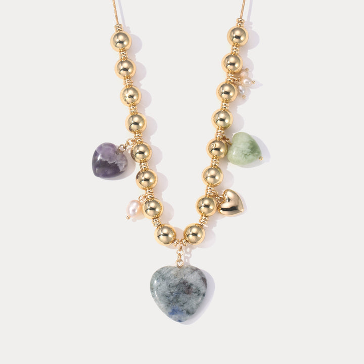 Selenichast Natural Stone Heart Necklace with Pearl