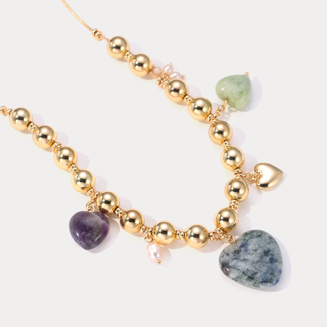 Selenichast Natural Stone Heart Necklace with Pearl