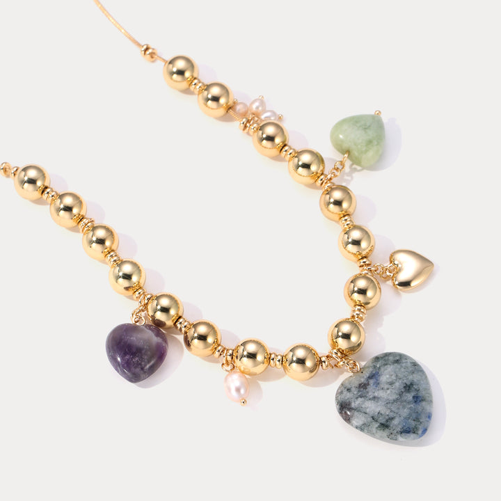 Selenichast Natural Stone Heart Necklace with Pearl