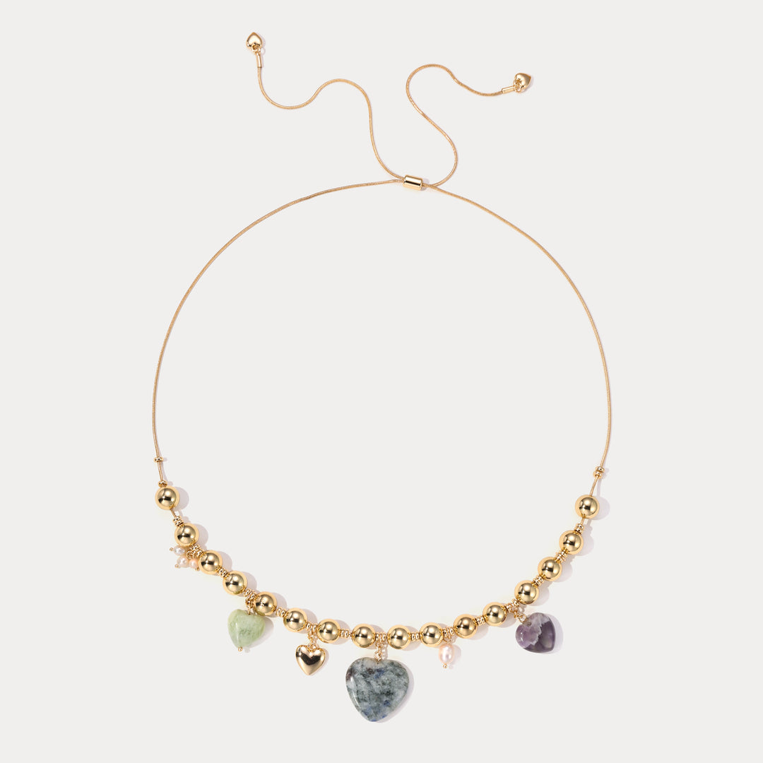Selenichast Natural Stone Heart Necklace with Pearl