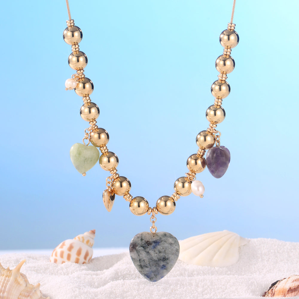 Selenichast Natural Stone Heart Necklace with Pearl