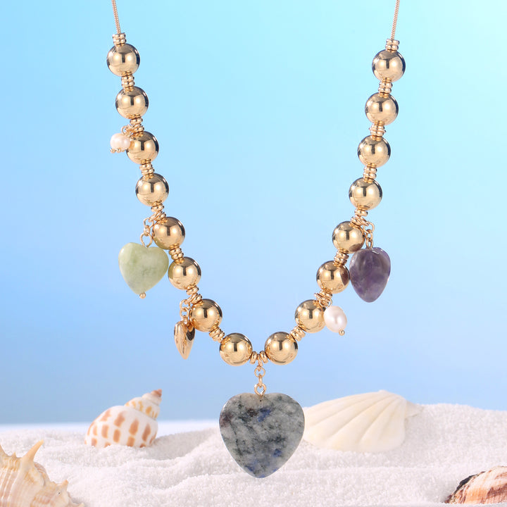 Selenichast Natural Stone Heart Necklace with Pearl