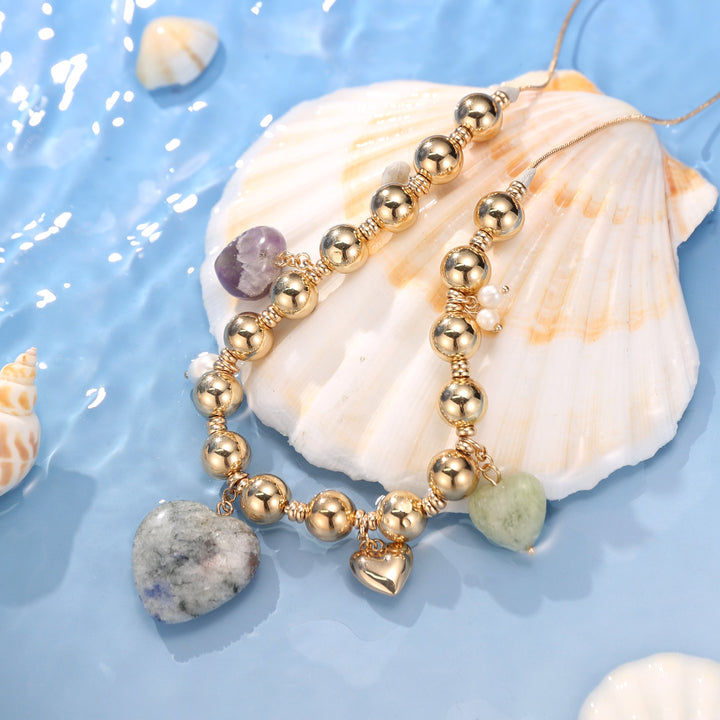 Selenichast Natural Stone Heart Necklace with Pearl