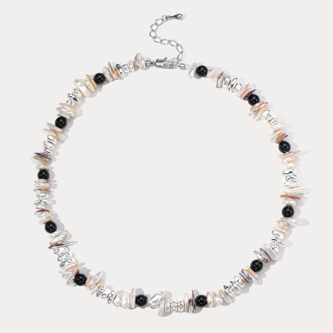 Selenichast Black and White Pearl Silver Necklace